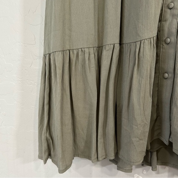 Mikarose Sage Green Tiered Midi Dress Large Rayon Short Sleeve Button Front NWT - Picture 2 of 9